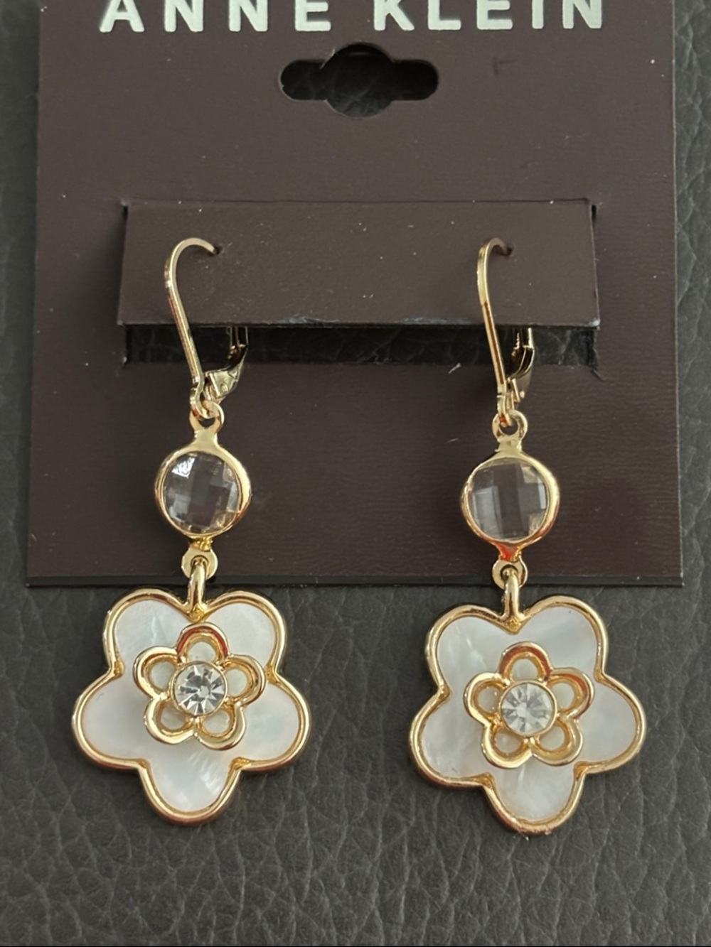 Anne Klein Gold and Faux Mother of Pearl Flower Drop Earrings